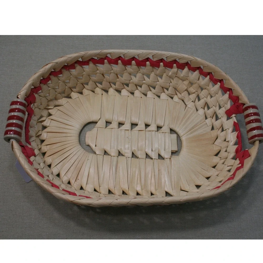 Handmade Oval Wicker Bread Basket Natural Straw Red Ribbon Ceramic Handles